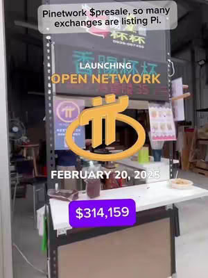 The cover image shows a storefront or booth with a Pi Network logo above a display. The text overlays include 'Launch Open Network,' the date, and a financial figure, indicating a crypto-related announcement. The overall composition is bright, with a business-like setting.