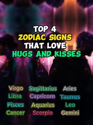 The cover image is a vertical graphic with a dark background. The central text reads, "TOP 4 ZODIAC SIGNS THAT LOVE HUGS AND KISSES" in a dynamic style, with the "TOP 4" in white, "ZODIAC SIGNS" in yellow, and "THAT LOVE HUGS AND KISSES" in green and white, all against a blurry, colorful backdrop that suggests an abstract party or concert. Below the text, the names of all twelve zodiac signs are listed in rows, each sign colored differently (Virgo, Sagittarius, Aries, Libra, Capricorn, Taurus, Pisces, Aquarius, Leo, Cancer, Scorpio, and Gemini), laid out to create an organized, yet vibrant appearance.
