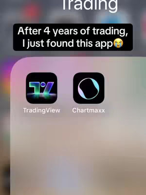 The image shows two app icons overlayed on a gradient background that transitions from purple to light-colored. Above the app icons is a black rectangle text overlay with white text. The top app icon on the left, 'TradingView,' is a teal seven symbol with a blue background. The right is a blue and black icon. App title text is listed below the app icons.