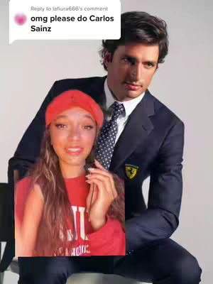 A composite image featuring a woman in the foreground holding a smaller image of a man. The woman is smiling and looking at the camera, wearing a red beanie and top. In the background, the man is wearing a suit and tie. A comment overlay is visible in the top-left corner.