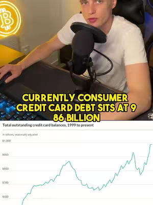 The cover image shows a young man sitting at a desk in front of a microphone, with a bitcoin logo in the background. The main text overlay reads 'CURRENTLY CONSUMER CREDIT CARD DEBT SITS AT 986 BILLION.' Below the text is a line graph showing the evolution of credit card debt from 1999 to the present.