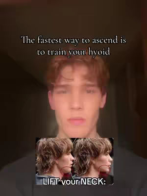 The cover image features a young man in the center, with a blurred background suggesting an indoor setting. Overlayed text at the top reads, \"The fastest way to ascend is to train your hyoid.\" Below, an inset shows two side-profile images of a face, with a red line indicating the jawline, and the words \"LIFT your NECK:\". The overall composition focuses on facial structure and a self-improvement theme.