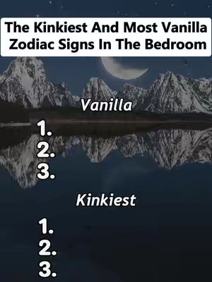 The cover image features a night landscape with mountains, a lake reflecting the mountains and a moon. The text in the upper part says 'The Kinkiest And Most Vanilla Zodiac Signs In The Bedroom'. Below 'Vanilla' there are three blank listed slots and below 'Kinkiest' there are another three blank listed slots.