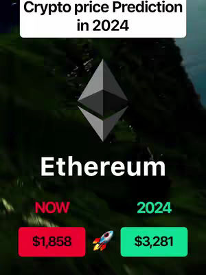 The cover image shows a green, mountainous background and an Ethereum logo in the center. At the top, there is white text that says Crypto price Prediction in 2024. Under the Ethereum logo, the word "Ethereum" appears in large, white text. Below this, two colored boxes with text showing two values. The left box, colored red, says "NOW" and lists "$1,858". The right box, colored green, says "2024" and lists "$3,281". There is a rocket ship graphic between the boxes.