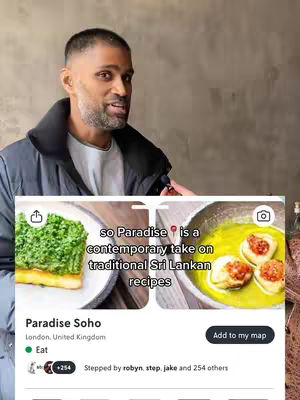 A man in a dark jacket is the central figure, filling the left side of the image and looking towards the right. Behind him is a textured, brown wall. In the lower part of the image, there's a screenshot of a restaurant's information with two food images, Paradise Soho's name, and location.