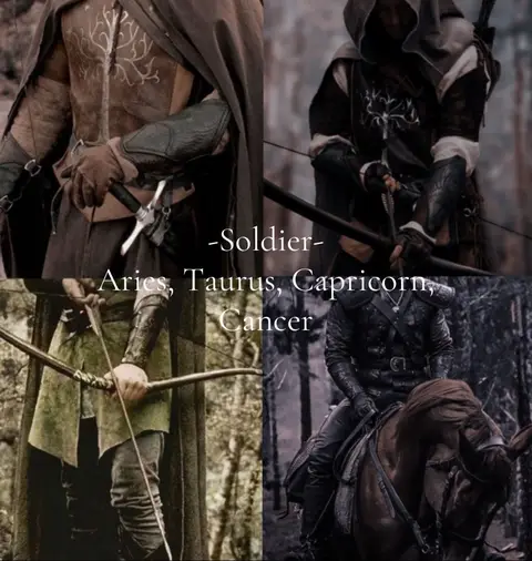 The cover image is a collage of four images, each featuring a person in fantasy-style attire with weapon or bow. The top left shows a person with a silver sword. The top right shows a person with a bow and arrow. The bottom left shows a person also with a bow and arrow. The bottom right shows a person riding a horse. The text overlay reads: -Soldier- Aries, Taurus, Capricorn, Cancer