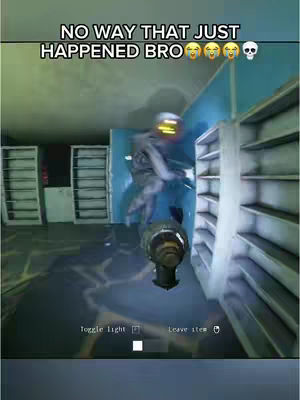 A screenshot from a horror game. Text overlay says "NO WAY THAT JUST HAPPENED BRO," with shocked emojis. The scene is a hallway and the player looks to be interacting with the world. There are shelves on either side of the hallway. A creepy figure is in the midground