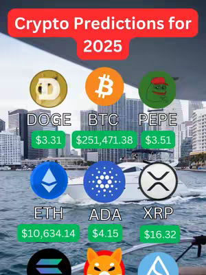 The image features a cityscape in the background with a body of water in front. Multiple cryptocurrency logos are displayed as well as predicted values. The words "Crypto Predictions for 2025" are displayed in a red banner shape.