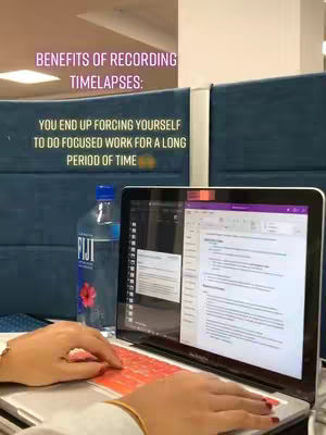 The cover image shows a person working on a laptop. The laptop screen displays text and a user interface. Beside the laptop is a water bottle. The person's hands are visible, typing on the keyboard. Text is overlaid on the image, explaining the benefits of recording timelapse videos.