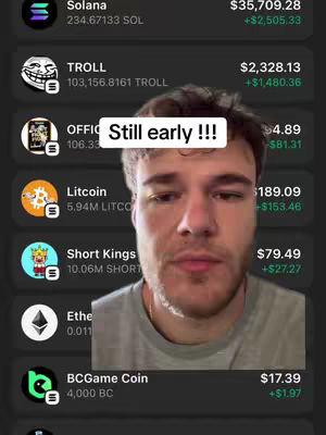 A man looks directly at the camera with a financial app interface visible in the background. An overlay text declares 'Still early !!!.' The background contains a grid of cryptocurrency values and logos.