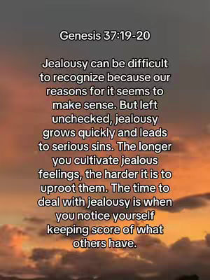 Image featuring a gradient background, transitioning from orange to dark hues, with overlaid text. The text appears in a clean, sans-serif font, presenting a quote from Genesis about jealousy. The layout is simple and focused, highlighting the message against the warm background.