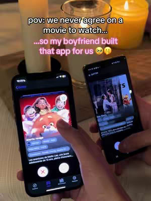 The image shows two hands holding smartphones with app interfaces displayed and there is a background of candles and other items. The left phone displays animated cartoon movie characters, while the right phone shows a still from a movie along with a play button. The layout is warm and inviting.