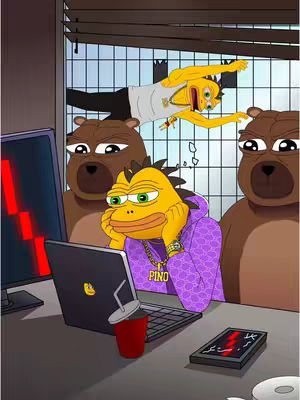 An animated image depicting a cartoon character in a purple hoodie looking at a laptop, with two bear-like figures behind him and another cartoon hovering above. A red cup and a smartphone are on the desk. The background includes venetian blinds.