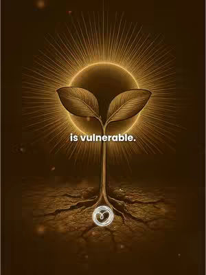 A digitally rendered image showing a young plant growing with a sun-like halo behind it. The plant has two leaves and a stem growing from dark soil. The image has a warm, golden color palette, and text is overlaid.