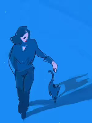An artistic illustration with a blue color scheme features a person in a dark blue outfit walking to the left, reaching their hand towards a black cat walking in the same direction. The background and the cat's shadow are also blue, creating a monochromatic and minimalist look.