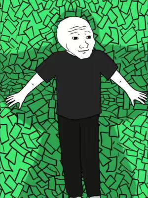 An illustrated figure of a man with a blank, circular face, wearing a black shirt and pants, lying amidst a sea of green rectangles resembling money or coupons.