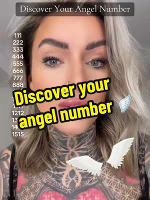 The cover image features a close-up of a woman with blonde hair and visible tattoos on her chest and neck. Text overlays at the top and across her face read "Discover Your Angel Number" and "Discover your angel number." Additional numbers and angel wings appear on the sides of the image.
