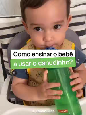 The image shows a baby in a high chair holding a green bottle and a cup with a straw. Text overlays provide instructions and information. The baby is wearing a bib. The background consists of a striped pattern.