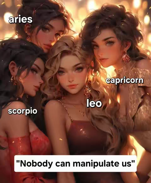 An AI-generated image features five stylized female figures, each representing a different astrological sign. They stand together in a close-up, chest-up composition, with text labels identifying each sign around the women. The overall color scheme is warm, with a golden, glowing background and rich, reddish-brown tones in the women's skin and clothing. The women have similar facial structures, long hair, and subtle makeup, suggesting a uniform artistic style. The text overlay reads, "Nobody can manipulate us."