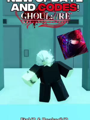 The image is a vertical composition set in a cool, teal-toned room. The main focus is on a low-poly, blocky avatar in black attire with white hair, a white face, and glowing blue eyes. It is positioned dynamically with arms outstretched. Floating nearby is a graphic of a character's half-covered face with red and black themes. The background features blurred, light-colored doors and walls. Above, bold white text announces 'NEW UPDATE AND CODES!' over a red and white logo. Below the avatar lies text. The overall composition blends gaming aesthetics and elements of character design within a minimalist, brightly lit environment