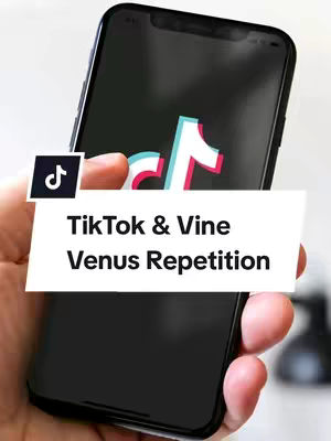 A person's hand holding a smartphone displaying the TikTok logo. A white rectangular overlay states the text 'TikTok & Vine Venus Repetition'. The image is set against a light background.