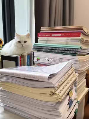 A white cat sits on a stack of books in front of a window. To the right, a large stack of papers and notebooks is on a desk.