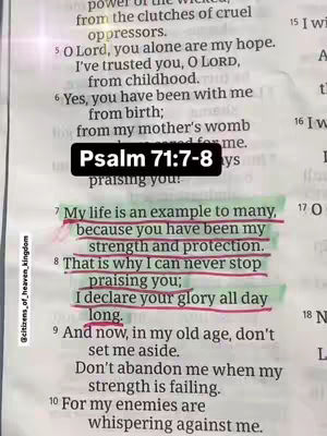 The image is a close-up of an open book, likely a Bible or religious text, with highlighted and underlined text. The text is arranged in columns, with some sections emphasized in red highlighter. A black rectangle with white text that reads "Psalm 71:7-8" is placed on the page. The background is a cream-colored, aged paper, with some light effects.