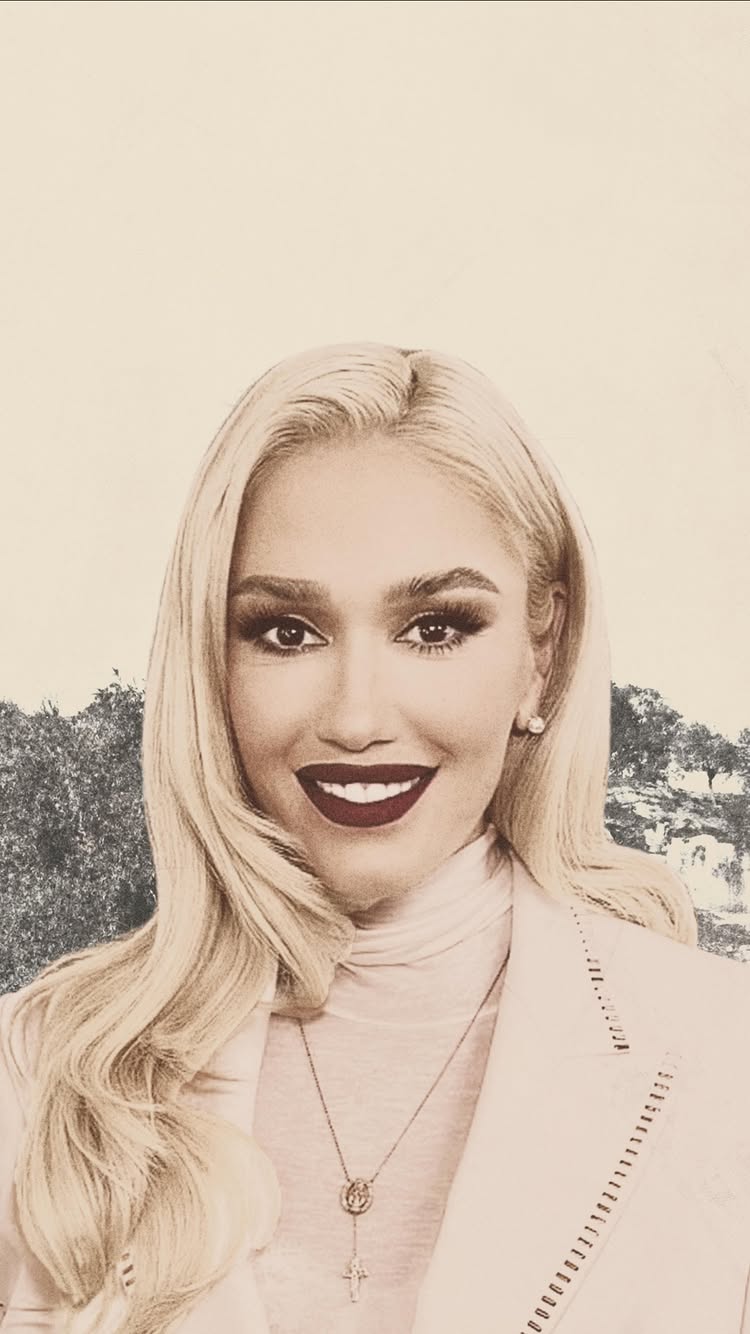 The cover image features singer Gwen Stefani, styled with long blonde hair, full makeup, and a white blazer. She looks directly at the viewer with a slight smile. Behind her is a blurred, sepia-toned landscape, and the overall tone suggests a vintage or nostalgic aesthetic.