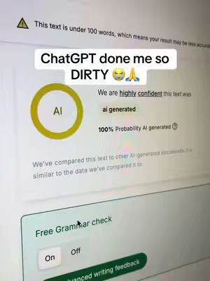 A close-up shot of a laptop screen displaying text and a percentage indicating AI-generated content. The screen shows an AI detection tool that flags text as likely AI-generated. Overlaid text at the top adds context, and a 'Free Grammar check' option is visible at the bottom.