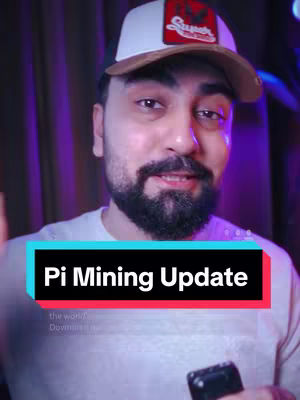 A man wearing a baseball cap looking at the camera with a black and teal overlay text box at the bottom reading "Pi Mining Update". He is positioned in front of a purple backlit curtain.