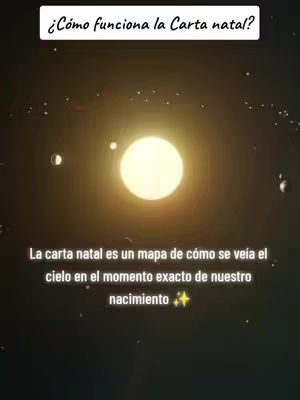 The image shows a representation of the solar system. In the center, there is a bright, radiant sun, and surrounding it are dark space with small white dots to represent stars and planets. In the upper part, there is a text overlay in the form of a question and below is the text that explains what the natal chart is. The overall composition has a dark background with a significant emphasis on the bright central sun, creating a visually engaging contrast.