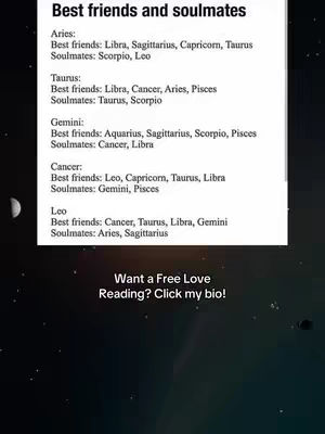 The cover image background shows a dark, starry space with a glow at the bottom. A white rectangle in the center lists astrological signs and their best friend and soulmate pairings. At the bottom, there is a text overlay prompting viewers to click the bio for a free love reading.