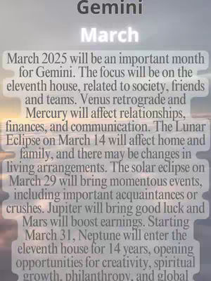 The image is a layered text graphic with a light background. The top layer features the words 'Gemini' and 'March', using a bold font with a gradient effect. Below, there's a block of text detailing the upcoming month's astrological predictions for Gemini, focusing on society, relationships, finances and eclipses.