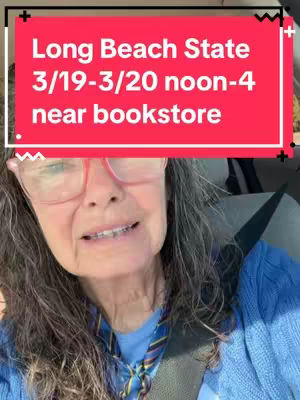 A woman with graying hair and glasses, wearing a blue shirt and a scarf with colorful stripes, is shown from the chest up, against the backdrop of a car interior. Above her is a red rectangle containing white text that gives event details.