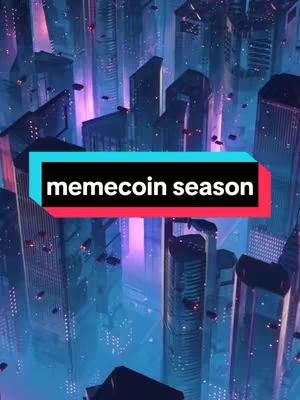 An illustrative image depicts a futuristic cityscape with tall skyscrapers and flying vehicles, rendered in a cool color palette of blues, purples, and teal. A centered black rectangle with white text overlay reads 'memecoin season'.