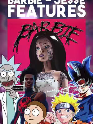 The image features a stylized composition with a pink background. At the top, there's bold white text. Below, there's an image of a Barbie doll with facial tattoos and black hair, alongside cartoon characters of Rick, Naruto, Goku, Morty, and Miles Morales.