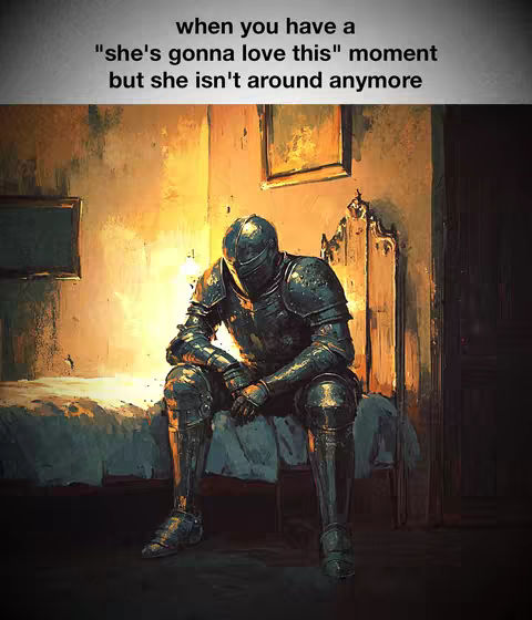 An image depicting an AI-generated medieval knight, armor-clad, sitting on a bed looking desolate. There's a text overlay above the scene.