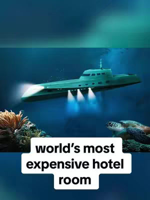 The cover image shows a realistic depiction of an underwater scene with a submarine-like structure. The structure is green with bright lights emanating from its front and underside, resembling a luxury hotel. The background features a gradient of blues and greens suggesting deep ocean depths with a few hints of coral, and a turtle. Text in a white box declares 'world's most expensive hotel room'.