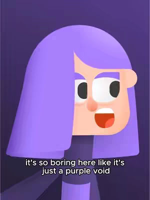 The image has a cartoon character with purple hair and a light skin tone against a purple gradient background. The character has a surprised look with its mouth open. White text at the bottom says, "it's so boring here like it's just a purple void."