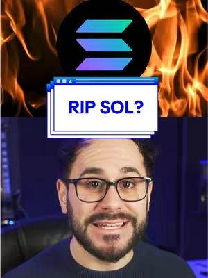 The cover image features a split composition. The top half displays a fiery background behind a black circular logo with the Solana symbol overlaid with a white box with blue and white text reading 'RIP SOL?'. The bottom half is a close up of a man with glasses looking at the screen.