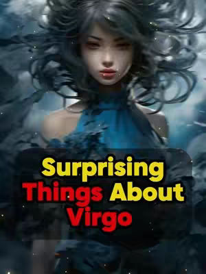 The image features a stylized digital art portrait of a woman with flowing dark hair. She has pale skin and red lips, with a blue, draped garment. The overlay text reads 'Surprising Things About Virgo' in a bold, colorful font, set against a dark background that obscures the lower portion of her body and blends into the background. The overall aesthetic is mystical and artistic.