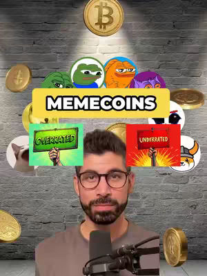 A man with glasses is in the foreground, positioned in front of a light brick wall. The image is overlaid with cartoon images of various memecoin logos, with a 'Memecoins' banner and signs reading 'Overrated' and 'Underrated'. Various coin graphics are also present.