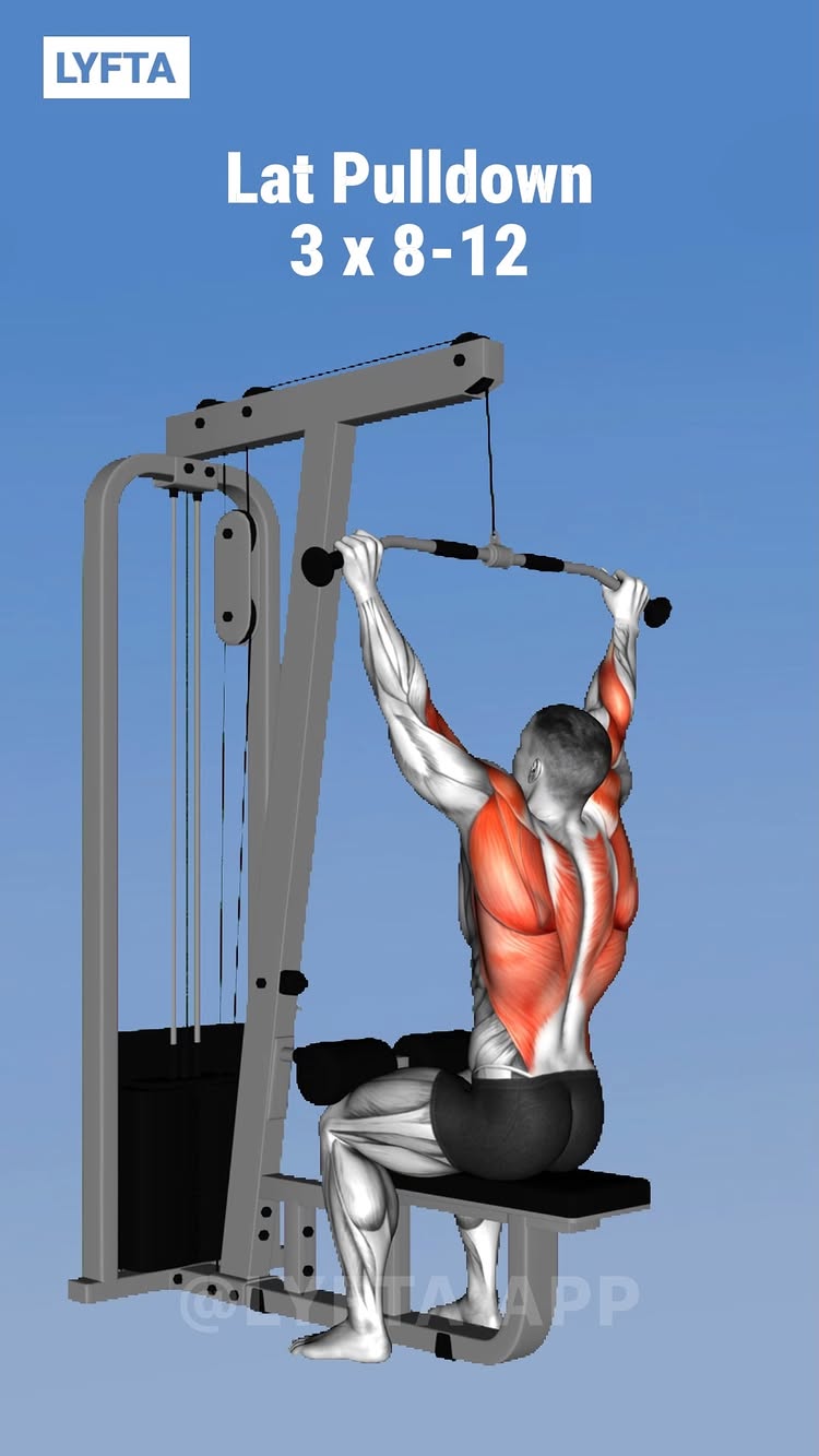 An illustration of a person performing a lat pulldown exercise on a weight machine. The person is seen from the back, showcasing the muscles involved, highlighted in red. Text overlays indicate the exercise name and the sets and reps.