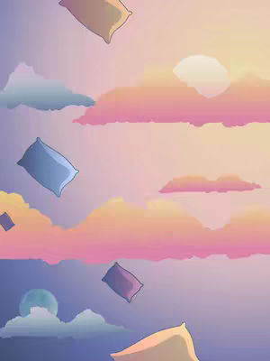 An illustration depicts a dreamlike scene with pillows floating in a pastel sky. The sky transitions from a deep blue at the bottom to shades of pink and orange towards the top, suggesting a sunrise or sunset. Fluffy clouds are scattered throughout, and several pillows, in various shades, are distributed across the scene, appearing as if they are gently falling or floating. The overall composition has a soft, ethereal quality.