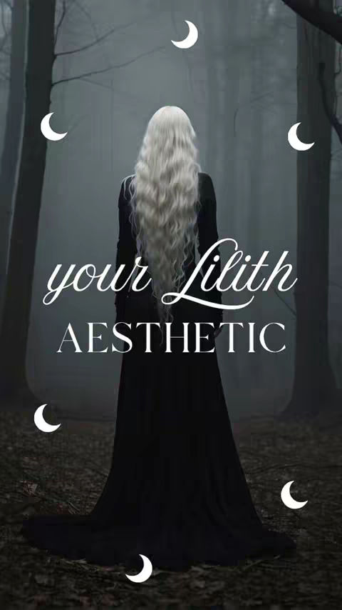A woman with long white hair stands in a dark forest, facing away from the camera. The image is framed vertically with a misty, atmospheric quality. Floating around the woman are several white crescent moon shapes. The overlay text reads "your Lilith AESTHETIC" in a script font.