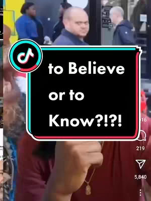 A person's arm and hand holding a phone or camera with a TikTok logo on it, against a backdrop of a city street and people. A superimposed black and turquoise frame contains the text overlay, 'to Believe or to Know?!?!' in a white, bold font.