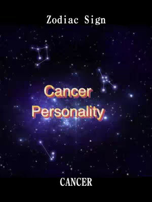 A cosmic-themed graphic with a dark blue and purple background. The image features sparkling stars and constellations arranged throughout the space. In the center, layered text reads 'Cancer Personality' in orange and yellow, with a slight 3D effect. Above this, the words 'Zodiac Sign' are displayed in white. Below, on a black banner, the sign 'CANCER' is noted in white.
