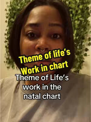 The cover image features a woman with dark hair and a nose ring. She is positioned in front of a backdrop of green foliage. A text overlay, in a bold, yellow font, reads "Theme of life's Work in chart" and under that "Theme of Life's work in the natal chart". The overall composition centers on the woman's face, creating a close-up effect with the text overlayed.