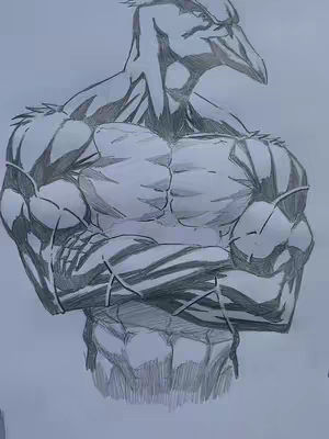 A pencil drawing of a muscular figure resembling a stylized penguin. The penguin has a bird-like head with an imposing beak and a determined expression. Its body is heavily muscled, with defined chest, arm, and shoulder muscles, and crossed arms. The drawing uses shading to create depth and volume, suggesting strength and power.