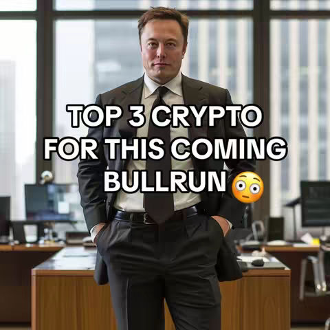 The cover image features Elon Musk in a professional setting, wearing a suit and tie. Overlayed on the image is text that reads "TOP 3 CRYPTO FOR THIS COMING BULLRUN", with an emoji of a surprised face to the right of the text. The background suggests an office environment with windows and a blurry city view.